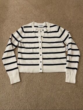 Old Navy White and Black Striped Crew Neck Cardigan NWT